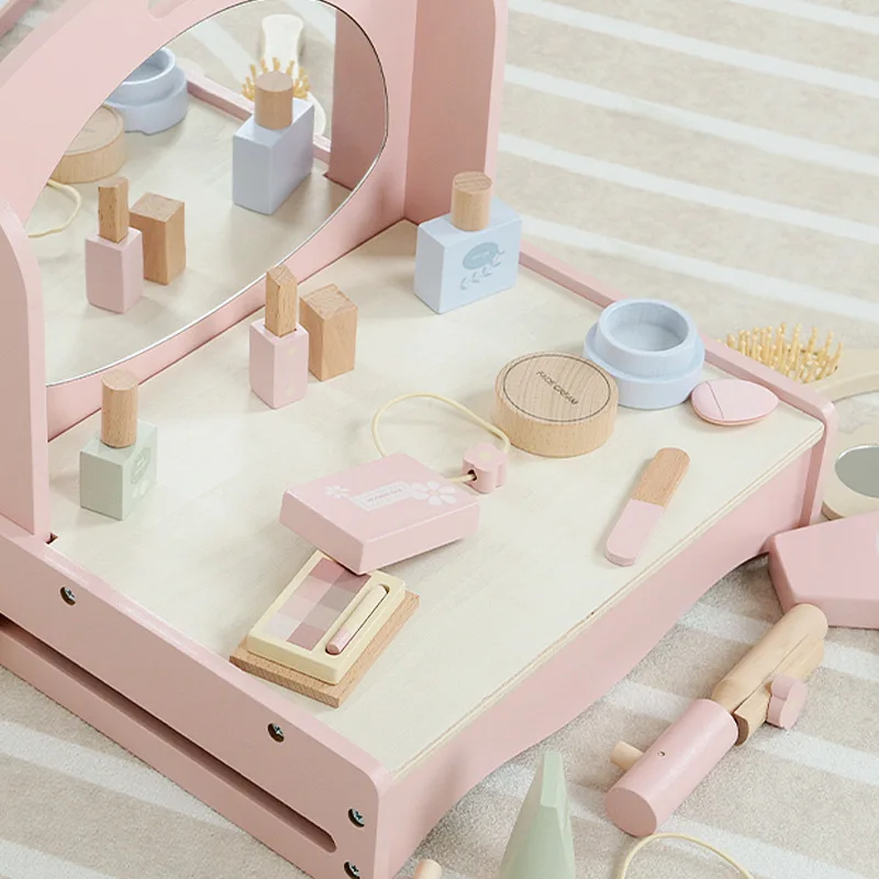 Conjunto de vaidade infantil de madeira estilo ins – brinquedo de espelho de penteadeira de princesa rosa, mesa de maquiagem simulada para dramatização infantil