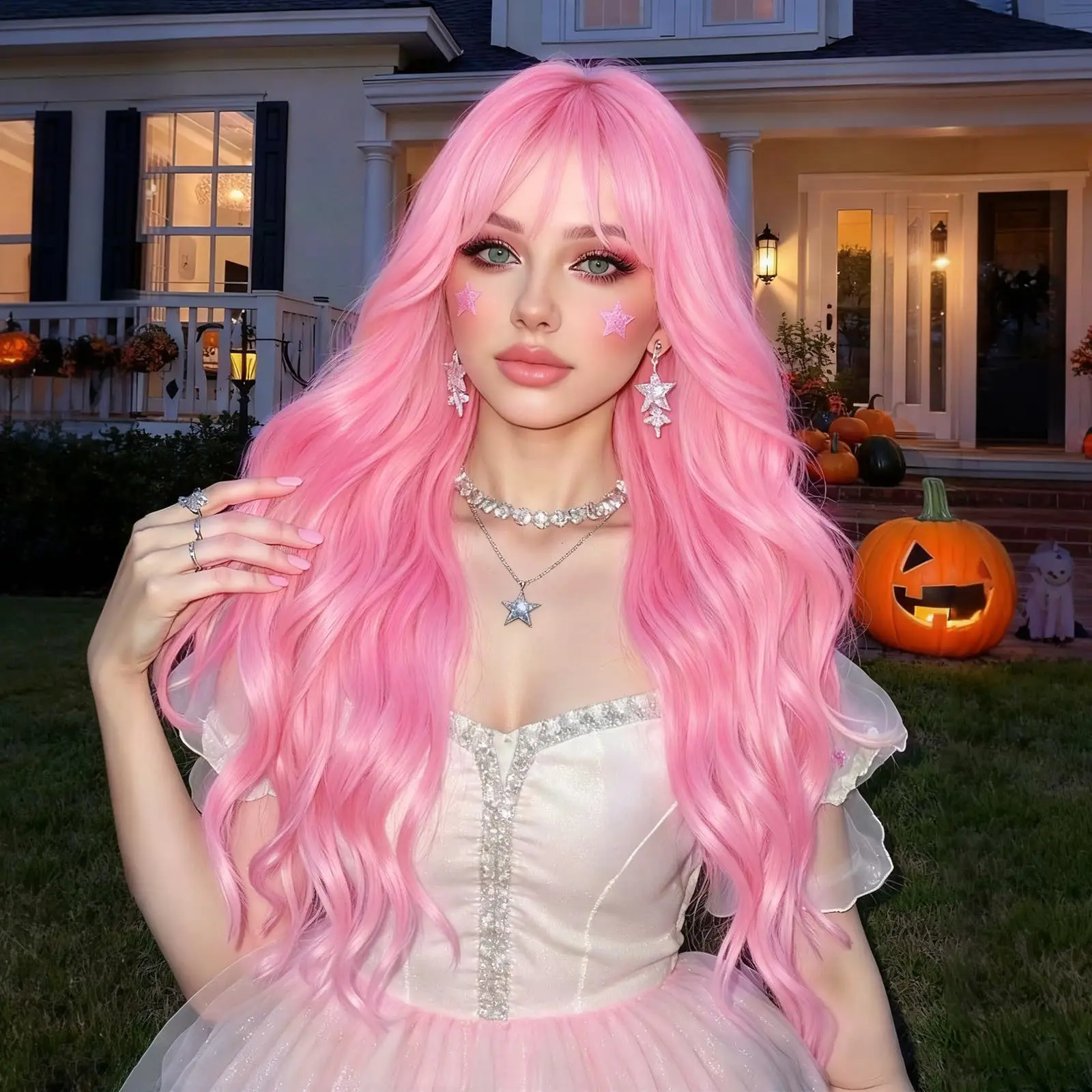 Pink 26-inch Synthetic Wig with Big Waves for Halloween Cosplay Role-Play. Daily Festival Wig. High-Temperature Silk Wig Set.