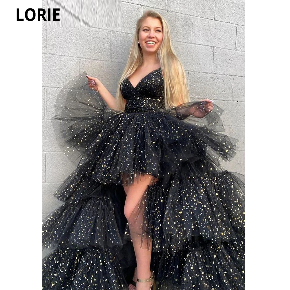 

LORIE Glitter Prom Dresses V-neck A-Line Shine Saudi Arabia Evening Gowns Black Tulle Celebrity Party Dresses Robe De Soirée