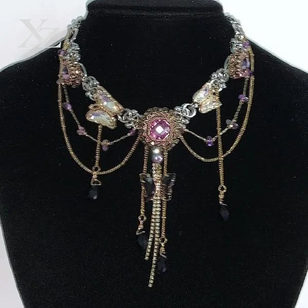 High Quality Amethyst Retro Butterfly Necklace Multi-layer Tassel Rhinestone Titanium Steel for Tea Break Dance Party