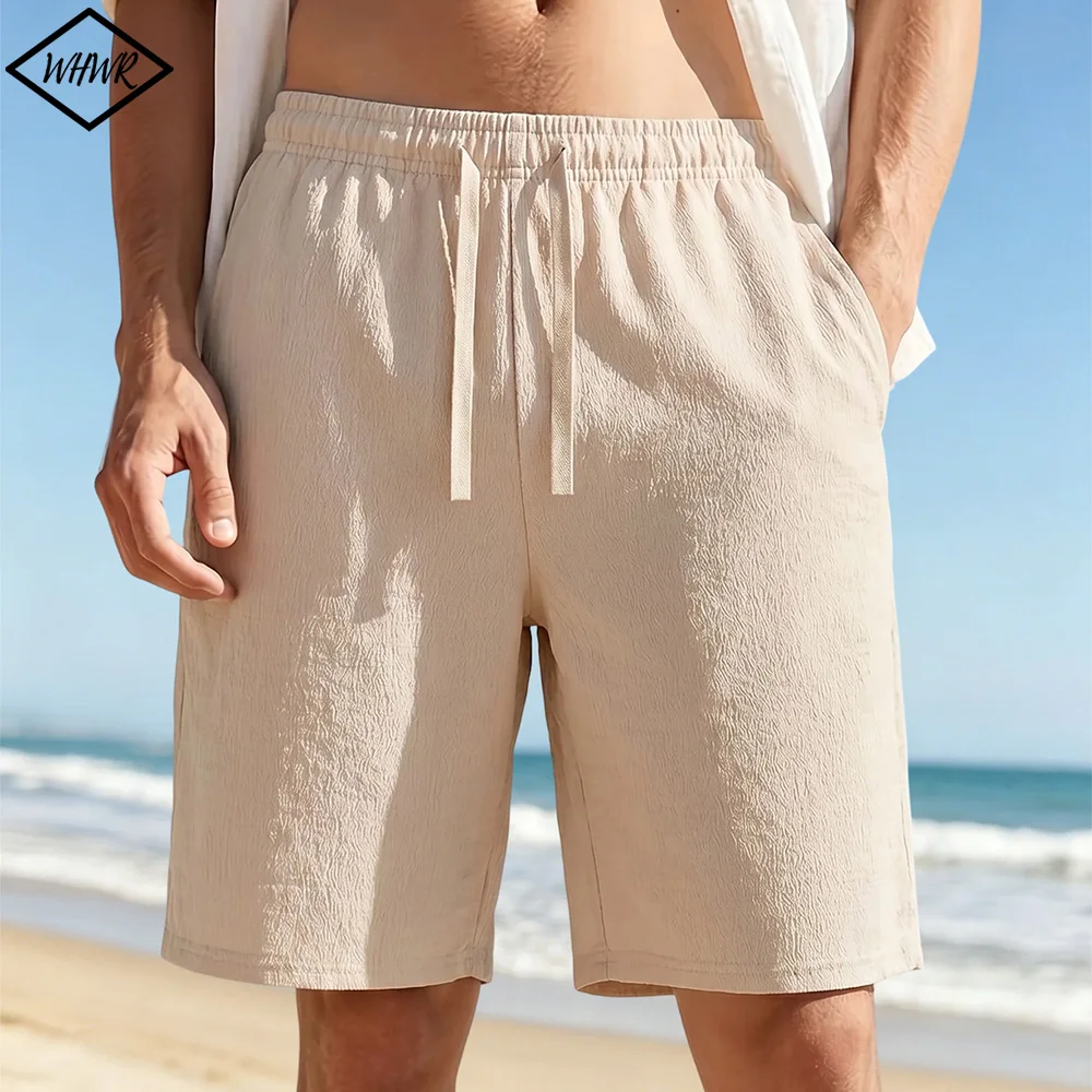 

Men's Casual Shorts Elastic Waist Drawstring Lightweight Summer Shorts with Pockets Wrinkle-Free Textured Fabric for Beach Wear