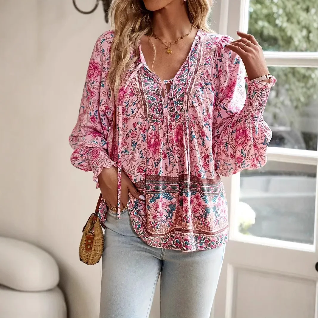 Women's Boho Floral Print Blouse, V-Neck Drawstring Long Sleeve Peasant Top, Ethnic Border Print Casual Shirt