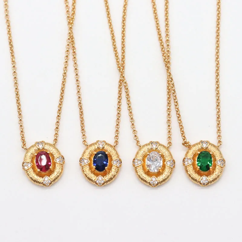 

Dropshipping Luxury Duplicate 18K 14K Gold Plated Round Natural Emerald Ruby Sapphire Opal Demantoid Gemstone Necklace For Women