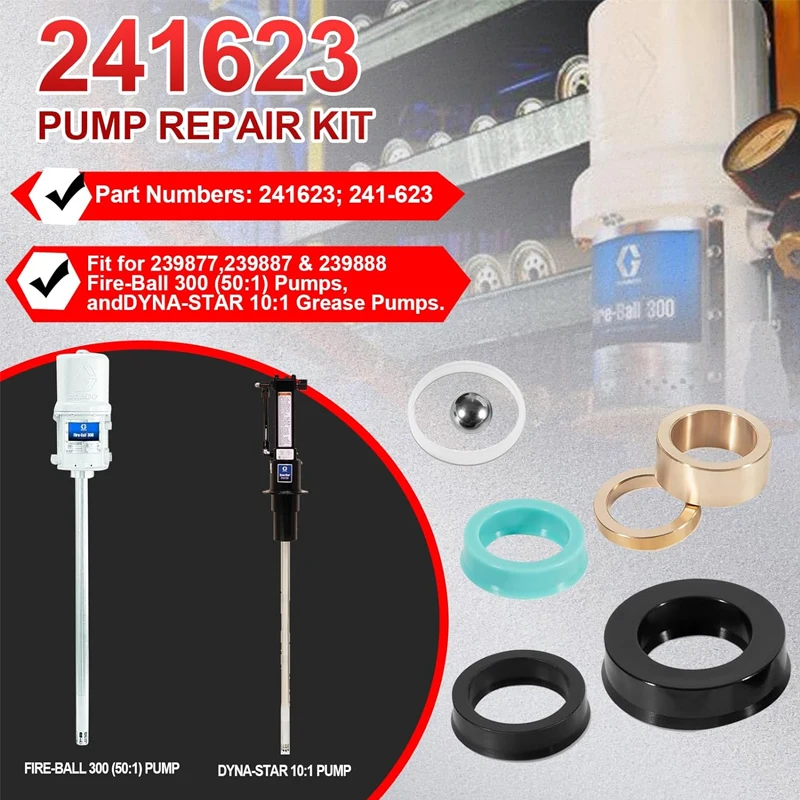 241-623 Lower Pump Repair Kit Compatible with Graco Fireball 300 (50:1) Pumps, Fit for Dynastar 10:1 Grease Pumps # 241623