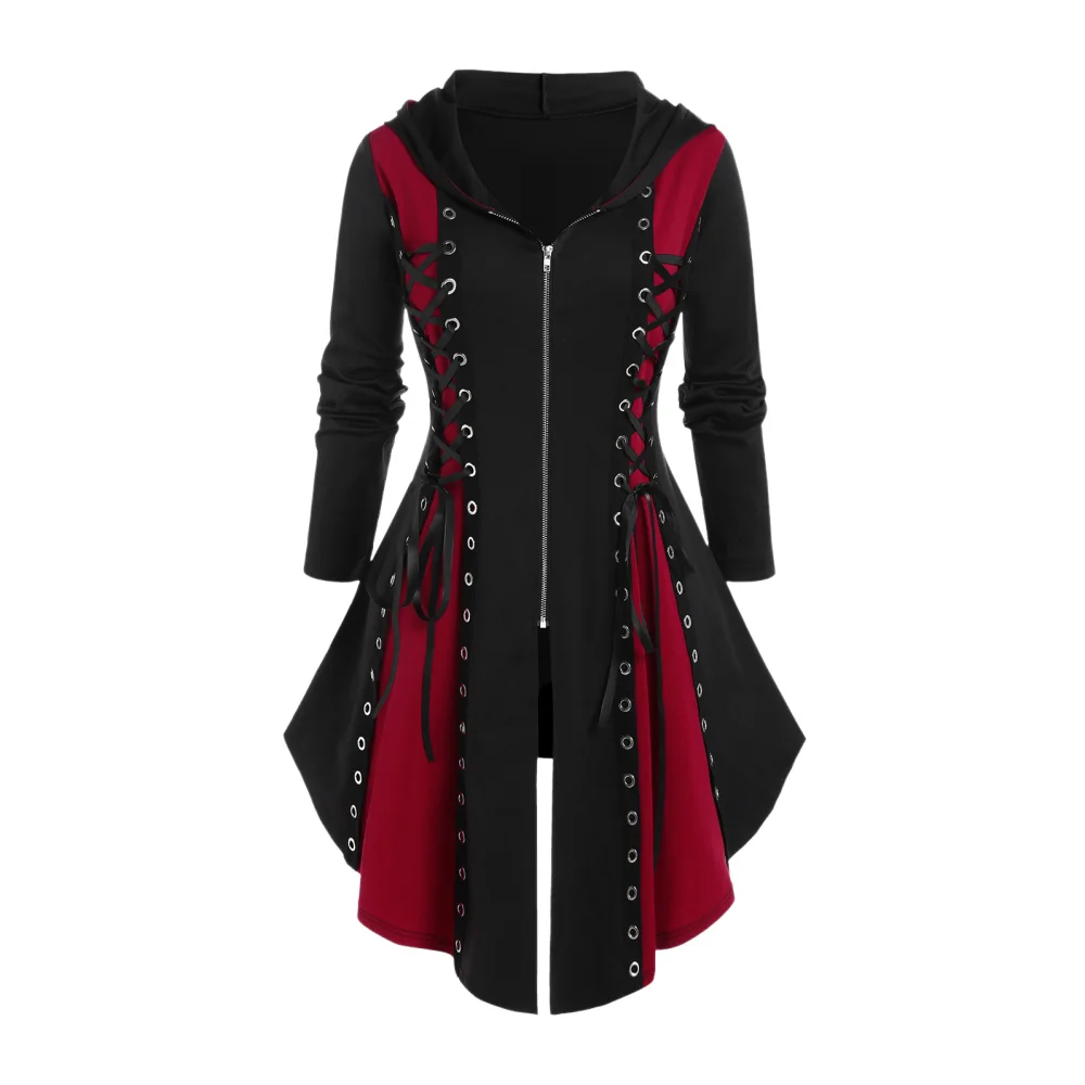 2025 New Gothic Hooded Dresses Vintage Long Sleeve Lace-Up Zipper Patchwork Party Dress Halloween Costume Fancy Dress