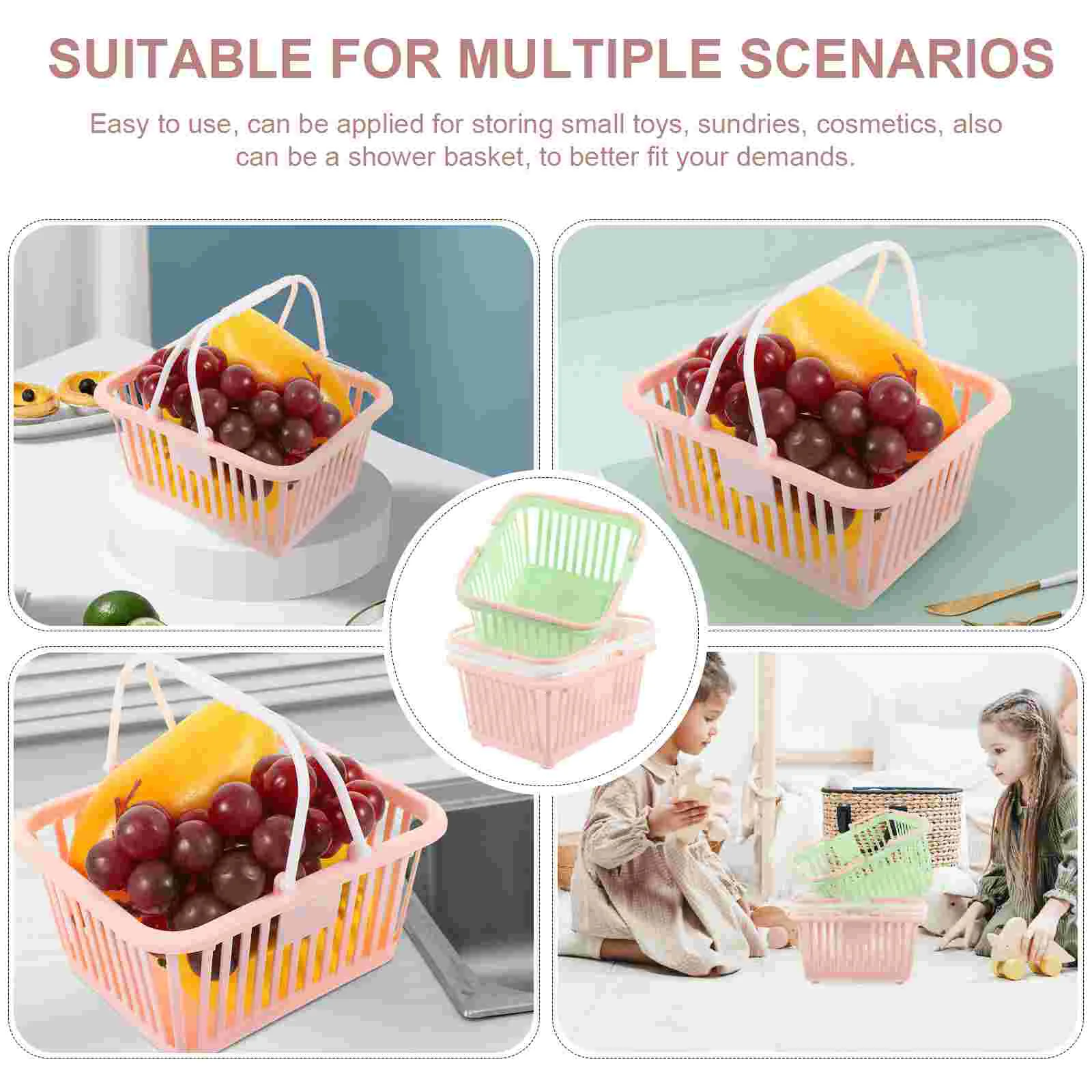 3 Pcs Storage Baskets Plastic Handle Bins Pastel White Green Small Jewelry ganizer Desktop Grocery Hollow Drainage