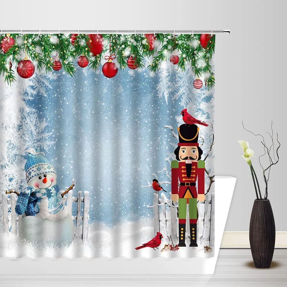 Merry Christmas Bathroom Shower Curtain Red Xmas Tree Snowflake Nutcracker soldier Winter Holiday Fabric Curtains with Hooks