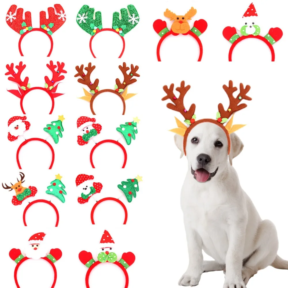 New Pet Cartoon Christmas Head Button Hair Band Party Gift Reindeer Antlers Snowman Sprung Headband Cat Dog Christmas Decoration