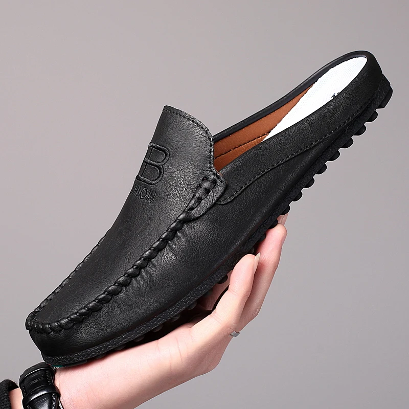 Summer Half Shoes for Men Mules Designer Male Slides Leather Semi-Drag Casual Shoes Backless Loafers Slippers Male Driving Shoes