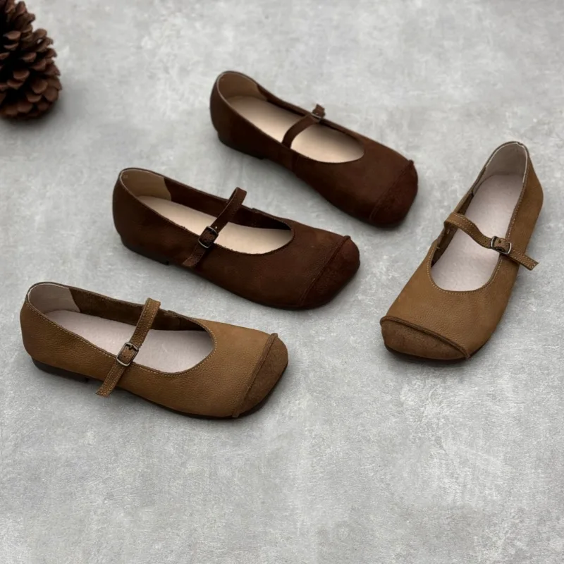 

Handmade Genuine Leather Women Flat Shoes Square Toe Mary Janes Cowhide Suede Splicing Retro Mori Girl Style Casual Single Shoes