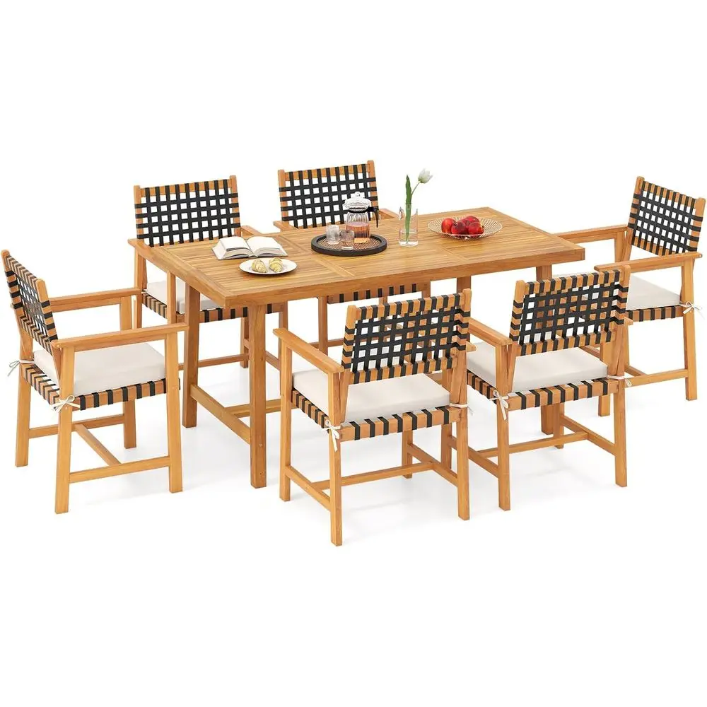 

7 Piece Patio Dining Set or 6 People, 63” Outdoor Recular Acacia Wood Table with 1.97” Umbrella Hole & 6 Armchairs with Padded S