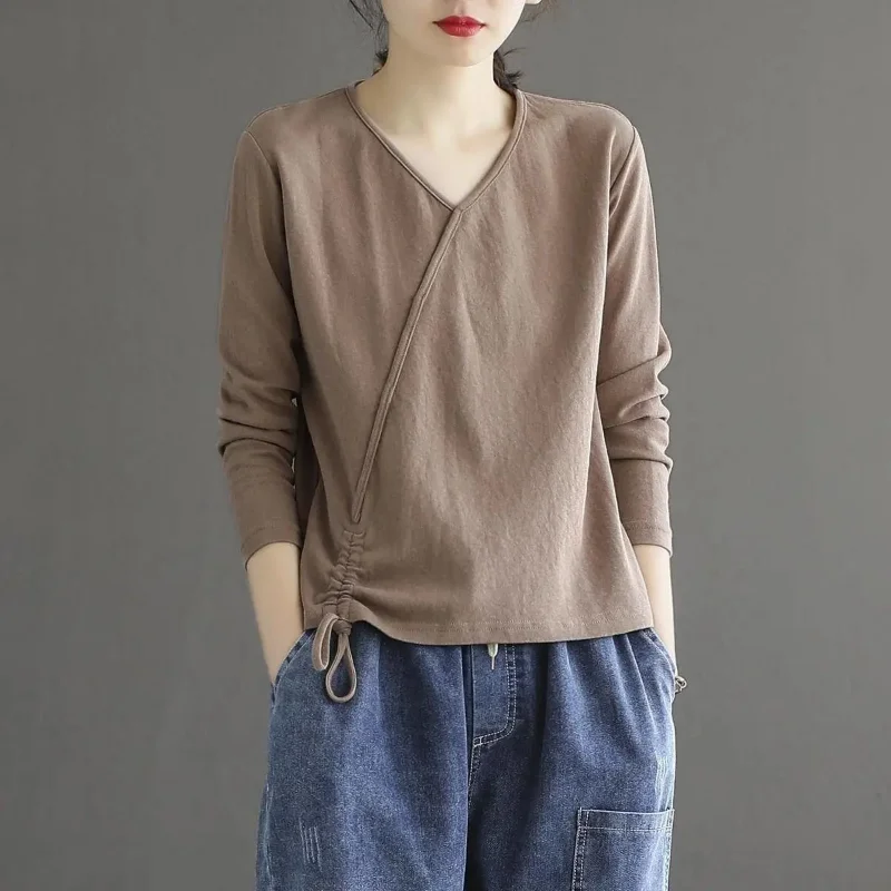 

Women's V-neck Large Size Long Sleeve Base Shirt Casual Loose Drawstring Retro Top T-shirt