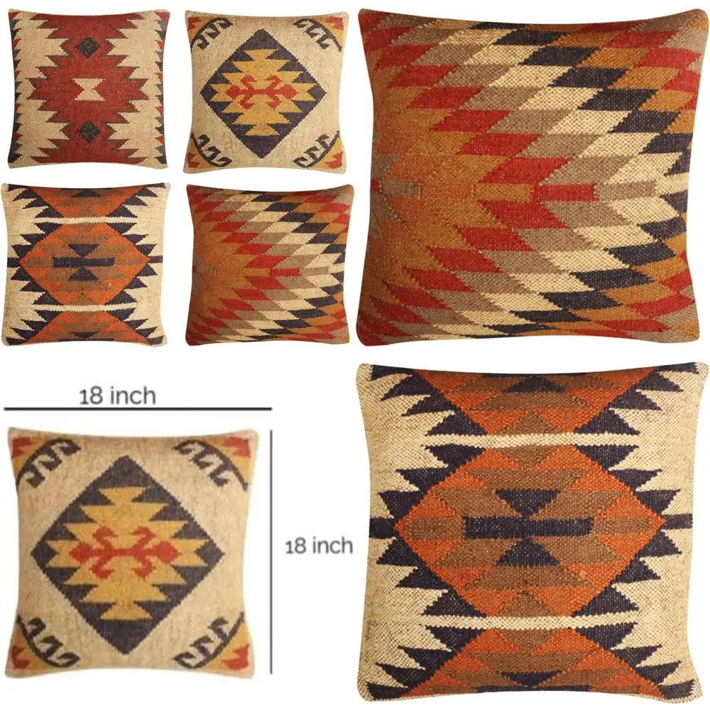 

Vintage Kilim Wool Jute Cushion Covers Set of 4, Handwoven Turkish Pillowcases for Home Decor and Decorative Throw Pillows