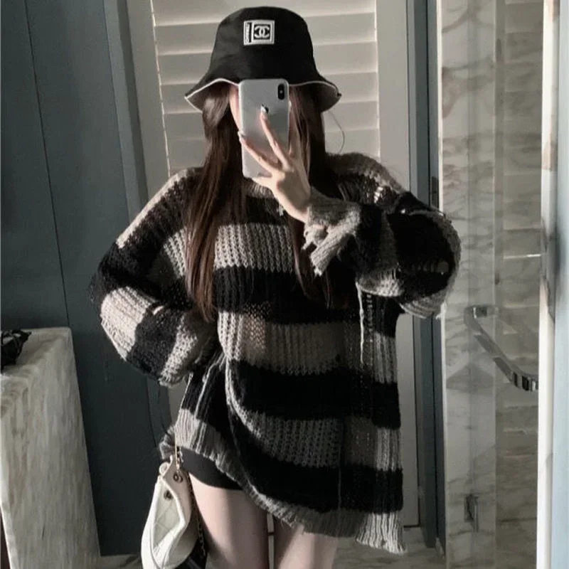 Women Drunge Style O Neck Thin Hollow Out Sweaters Striped Loose Harajuku Korean Gothic Fashion Sweater Casual Knitted Top Goth