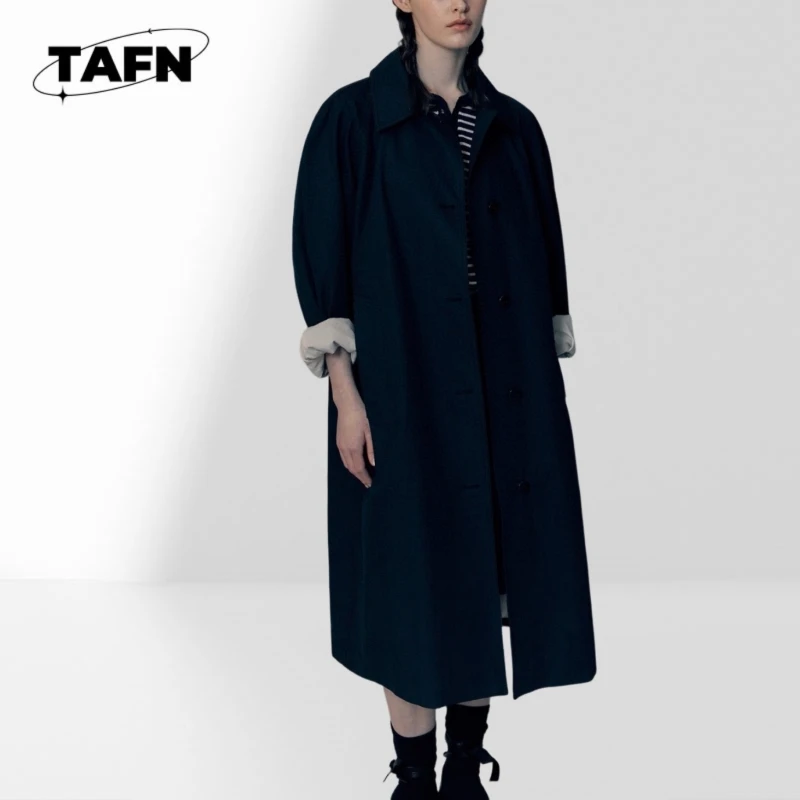 REAL WOOL Trench Coat Notched Lapel Single Breasted Balloon Long Sleeve Outerwear Luxury Navy Windbreaker BH1962