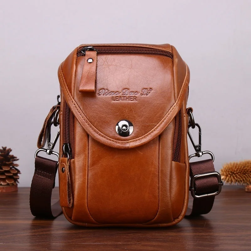 

Vintage Genuine Leather Men's Crossbody Bag Cowhide MultiFunction Shoulder Messenger Fashion Phone Male Belt Pouch