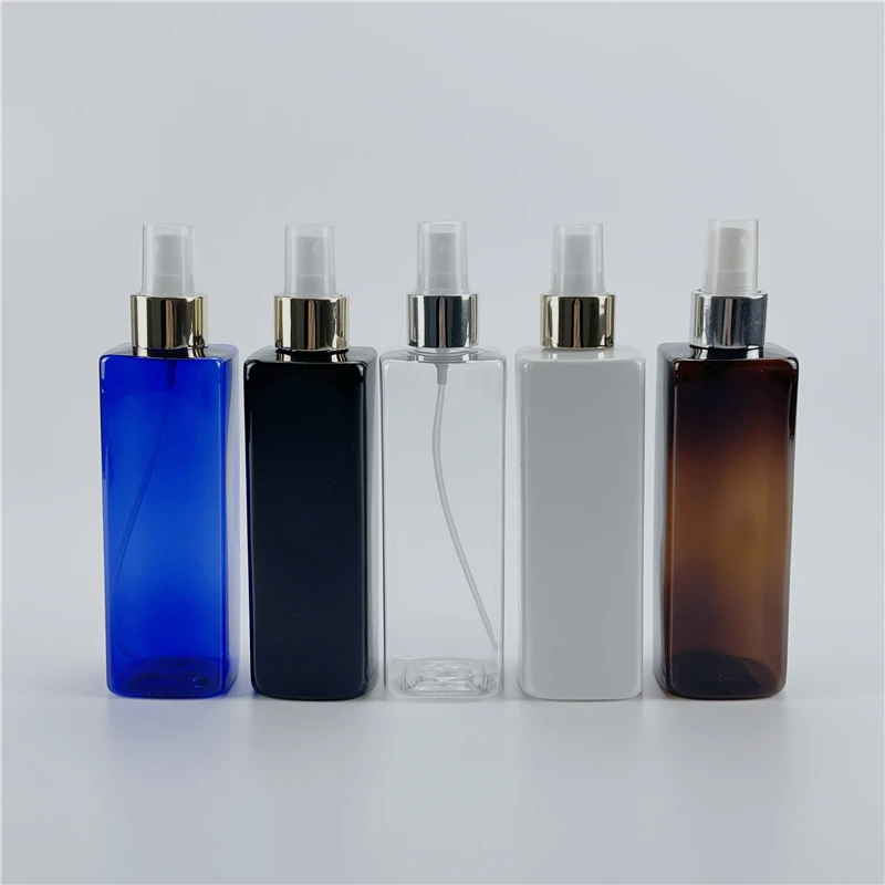 Multicolor 250ML X 25 Empty Plastic Square Bottles With Gold Silver Collar Spray Pump Cosmetics Perfume Containers With Sprayer