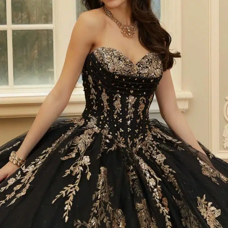 Black Princess Quinceanera Dress Off Shoulder Gold Lace Applique Beading Tull Corset Sweet 16 Birthday Party Gown Vestido De 15