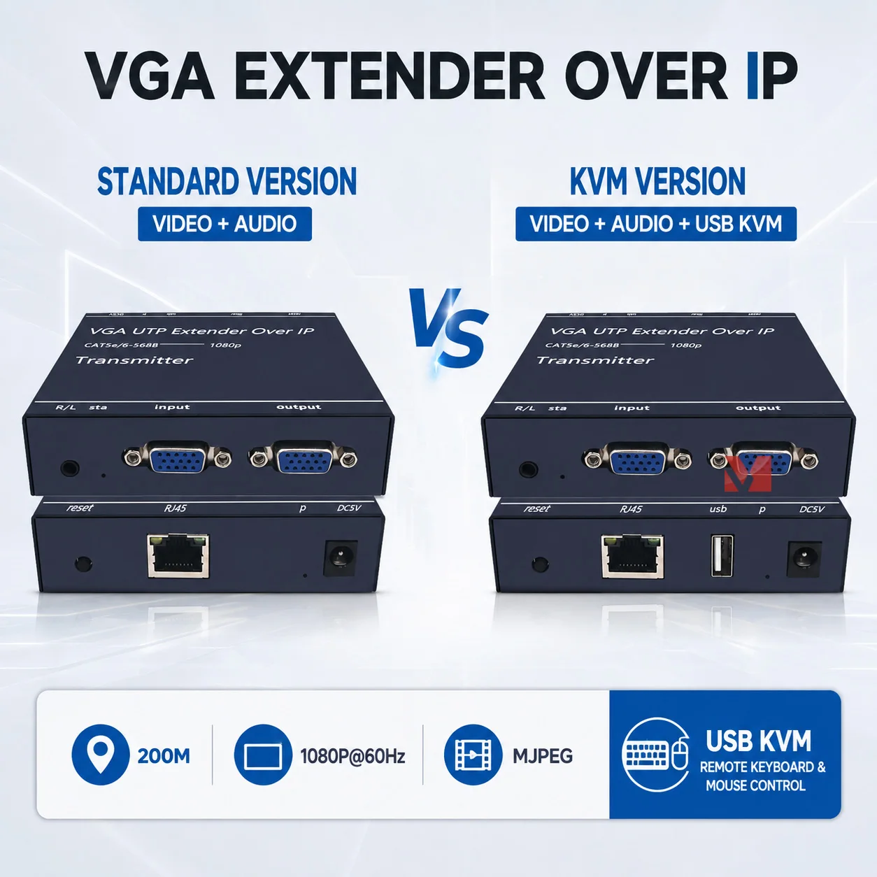 200m VGA KVM Extender over IP 1080P Audio USB KVM Extender CAT5e/6 MJPEG Video Transmitter One to Many EDID 1080P60Hz