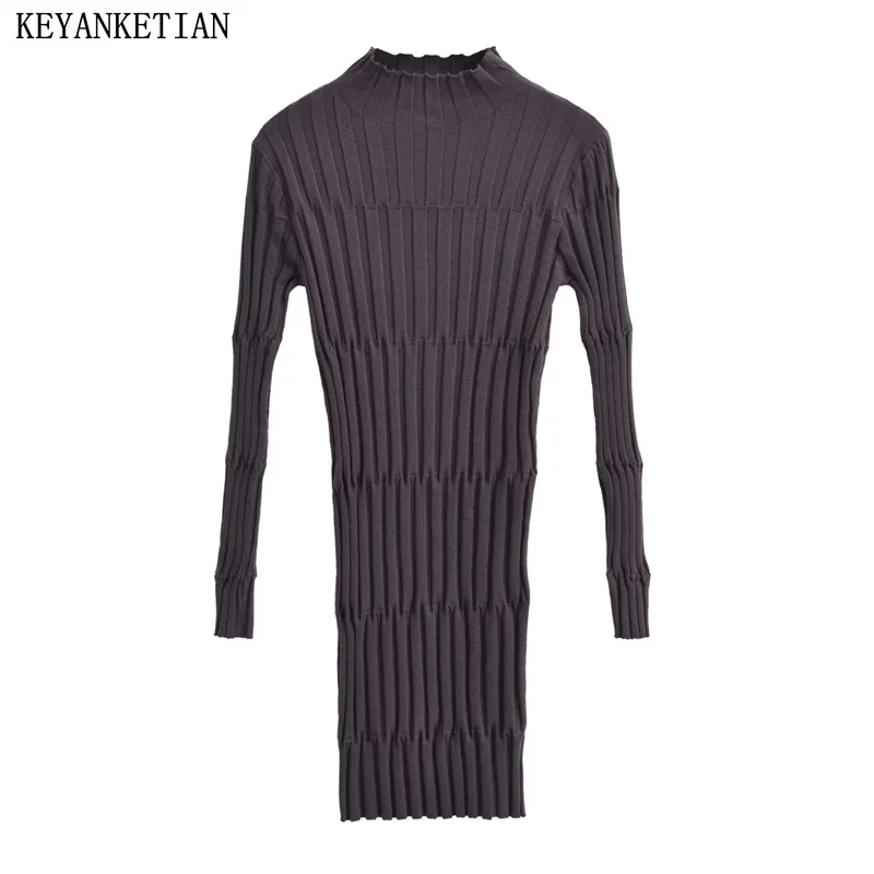 

KEYANKETIAN Autumn New Women's Pit Grain Tight Knitted Dress Fashion Sexy Mock Neck Long Sleeve Solid Hip Wrap Mini Dress