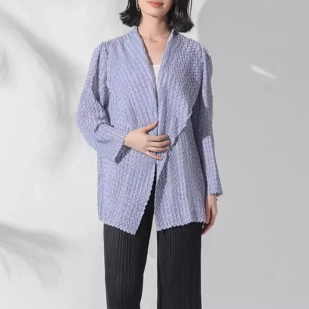 Miyake Pleated Large Lapel Solid Color High-end Cardigan Jacket Women's Casual Versatile Long-sleeved Fashion Loose Top