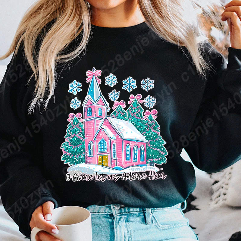 

Christmas O Come Let Us Adore Him Graphic Hoodeless Pullovers Women Popular Solid Color Tops Casual Loose Round Neck Sweatshirts