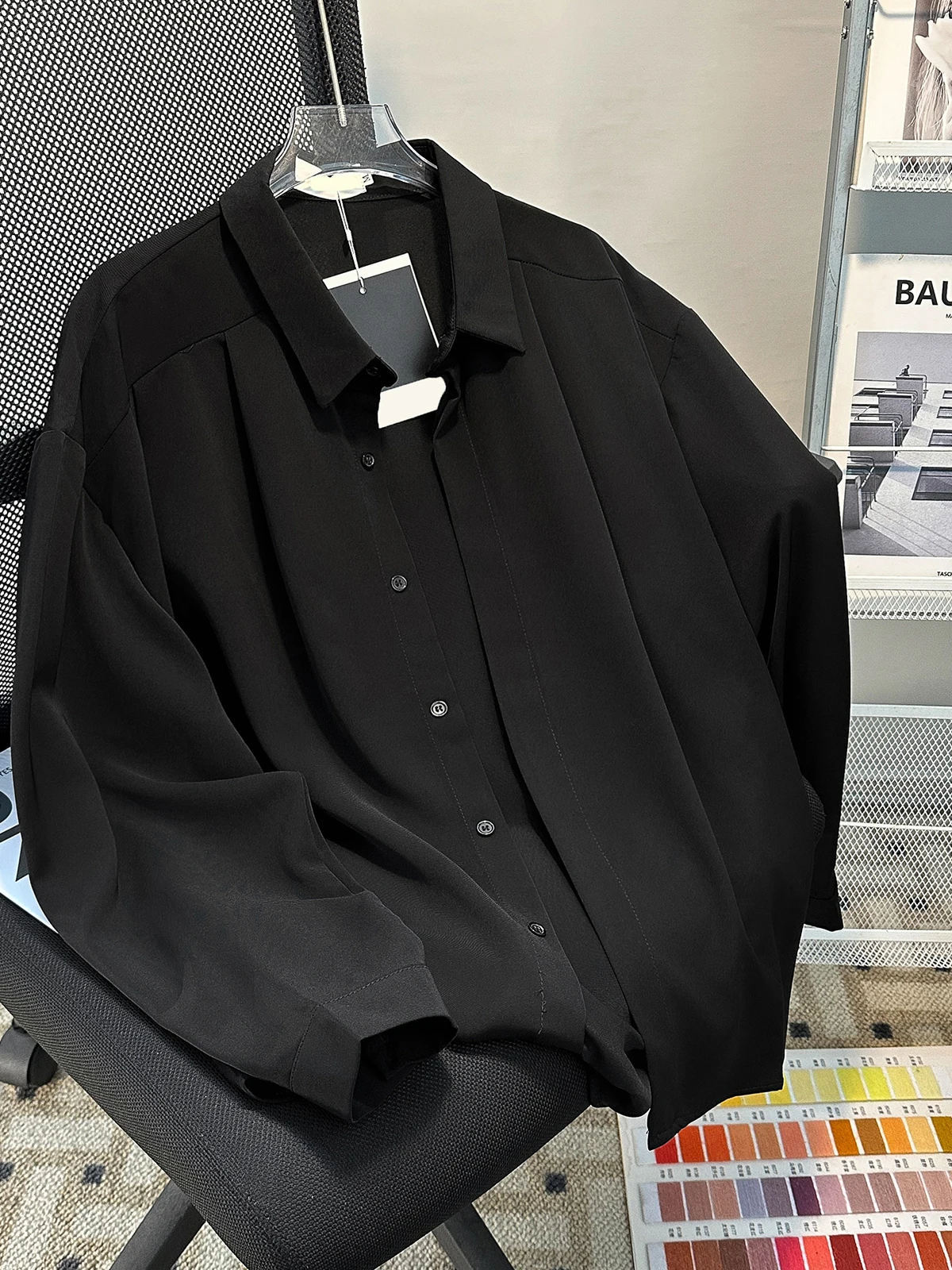 

Новая китайская мужская повседневная рубашка с длинным рукавом, свободного кроя, с воротником CleanFit, плиссированная, осенне-весенняя, модная, молодежная, популярная