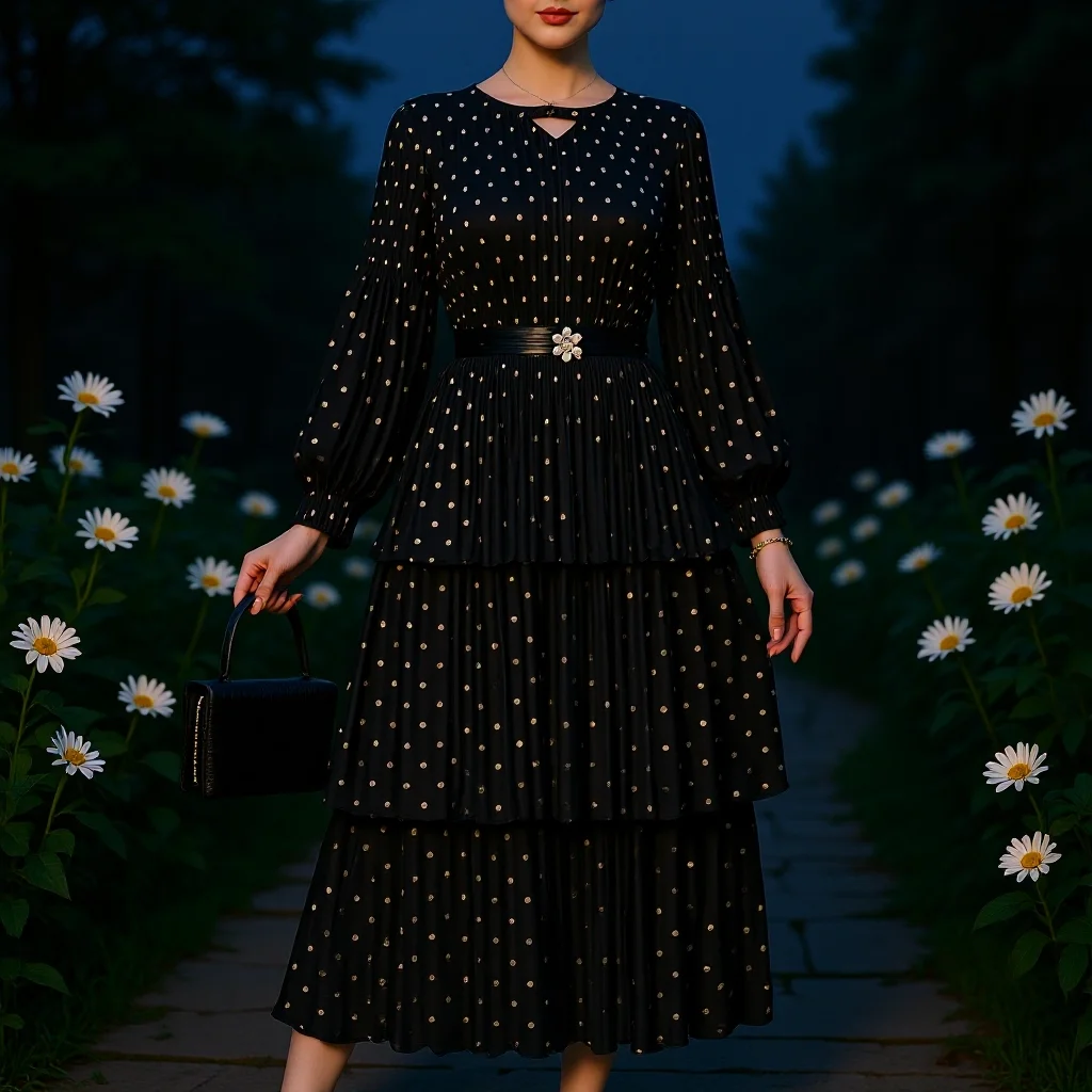 

Miyake Pleated 2026 Women's Plus Size Dresses Women's Autumn Premium Feeling Pleated Laced Polka Dot Lantern Sleeve Dresses