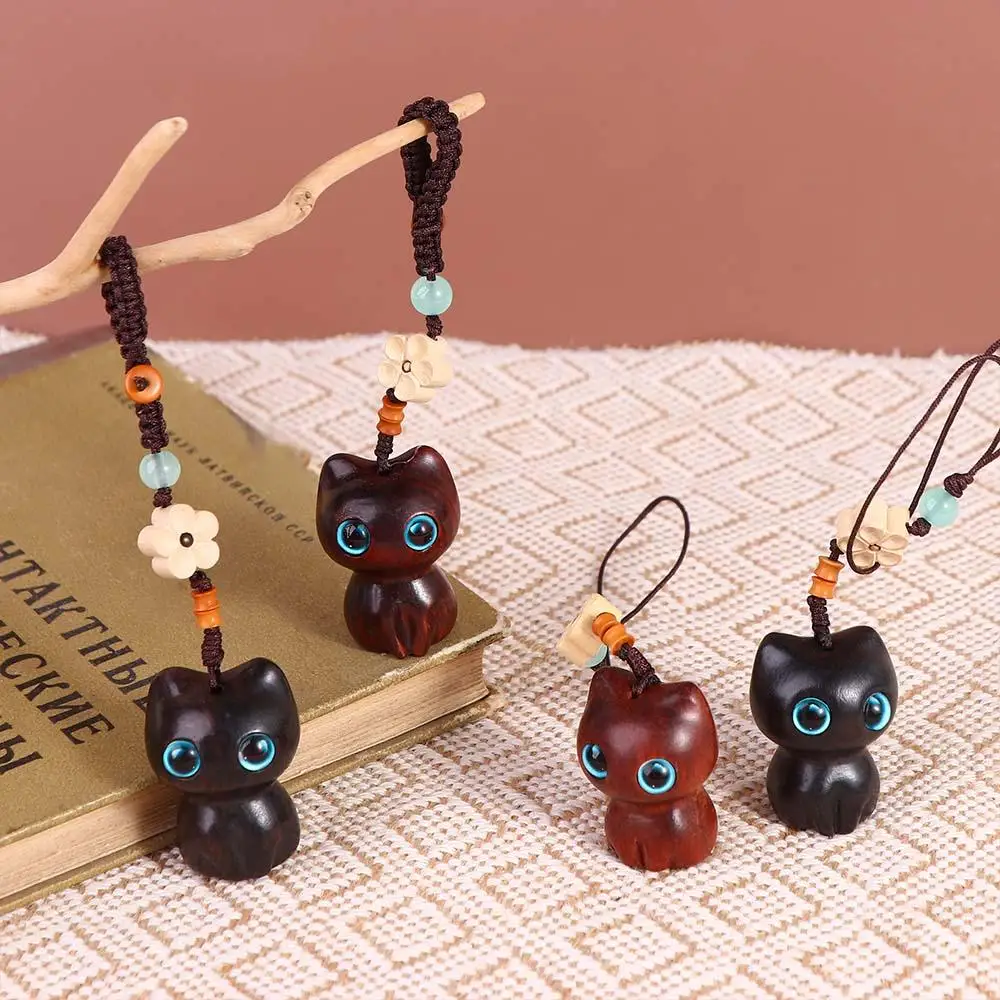 

Pendent Short Lanyard Hand-woven Chinese Style Pendant Lucky Cat Pendant Sandalwood Key Chain Key Chain Strap Mobile Phone Ring