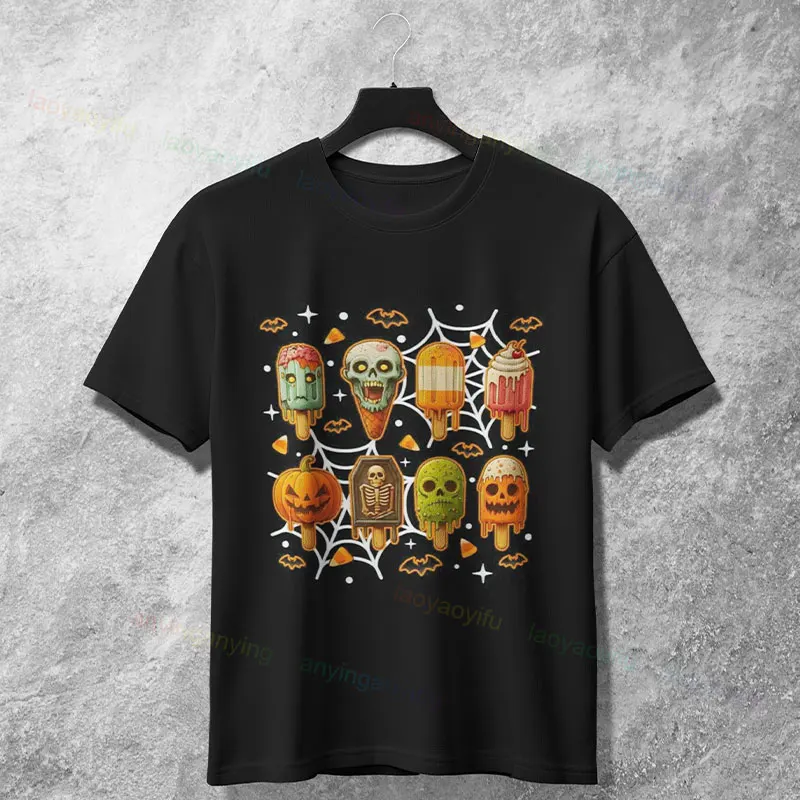 

Funny Spooky Ice Cream Cone & Pumpkin Graphic T-shirt Humor Style Casual 100% Cotton Short-sleeve Sports Tshirt Outdoor Clothing