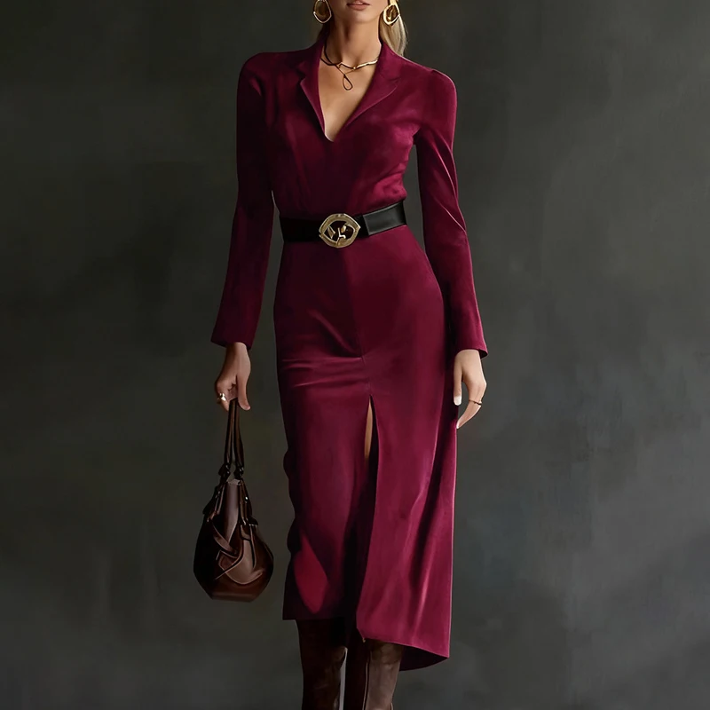 秋冬レディース長袖フェイクスエードVネックドレスセクシーなスリットヘムボディコンウエスタンカウガールマキシドレスストリートウェアベルト付き