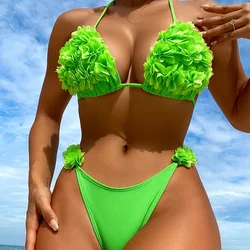 2024 New Sexy Bikinis 3D Flower Swimwear Solid Bikini Bandage Swimsuit Thong Bikini Set Female Bathers Wear Push Up Micro Bikini