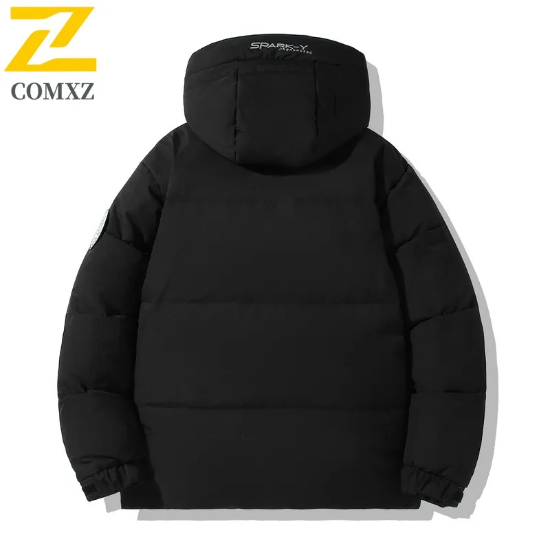 COMXZ 2025 Mens Winter Shiny Thick Puffer Jacket American style waterproof windproof Detachable Hood lightweight windbreaker