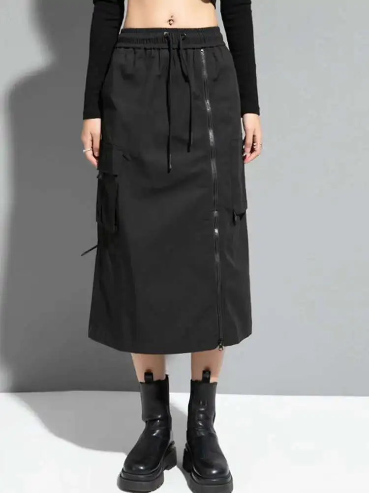 High Elastic Waist Black Zipper Long Spliced Long Casual Half-body Skirt Women Fashion Tide New Spring Autumn