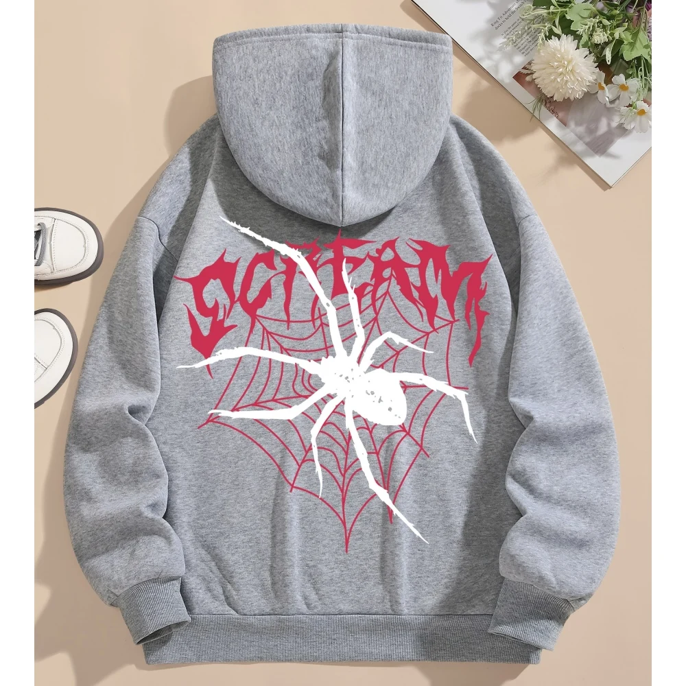 2024 Hoodie Sweatshirt Street Fashion Spider Print Drawstring Hooded Sweatshirt Ladies Loose Polyester Cotton Spiderman Hoodie