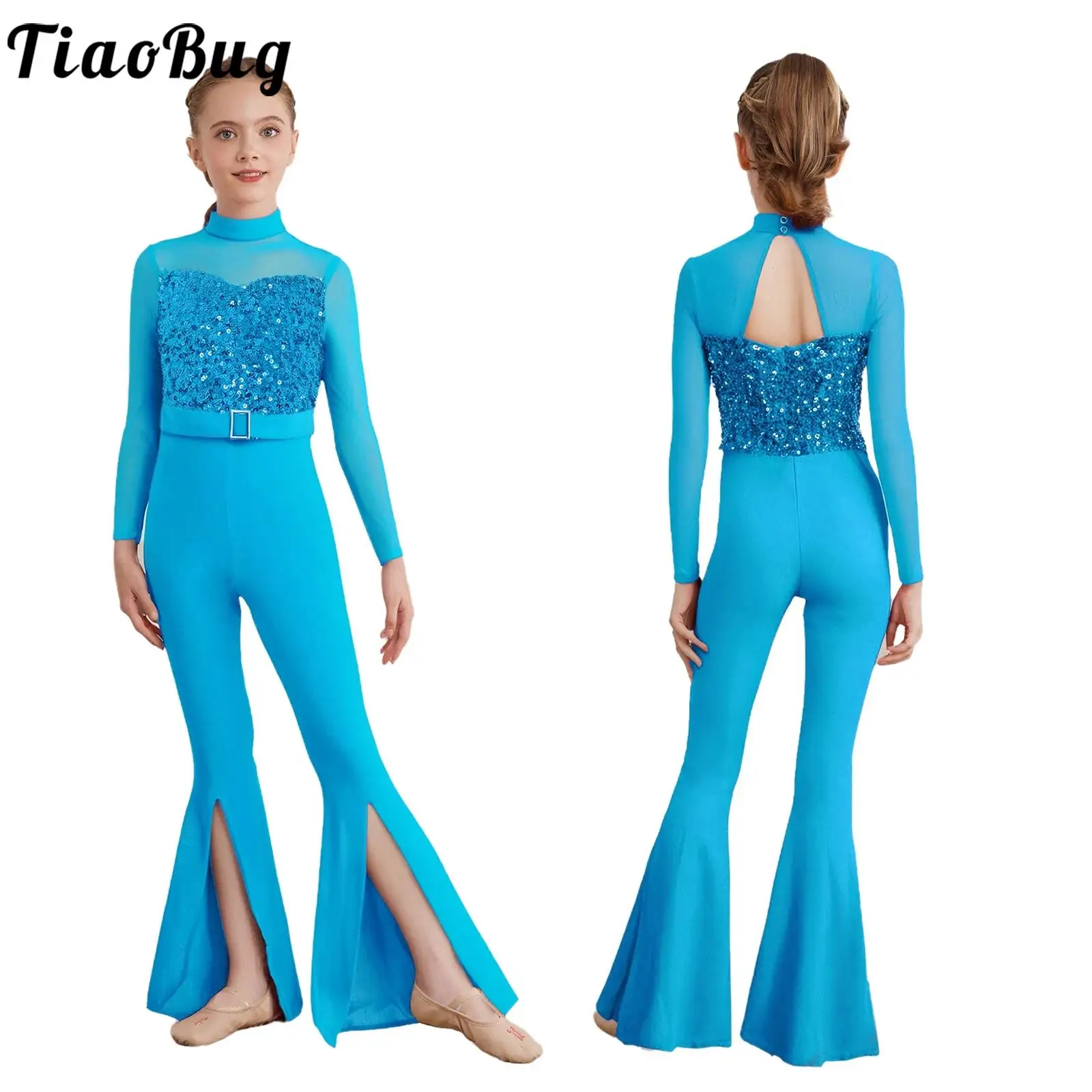 

Girls Jazz Modern Dance Costume Jumpsuit Skating Dancewear Long Sleeve Zipper Mesh Patchwork Sequins Split Bell-Bottom Leotards
