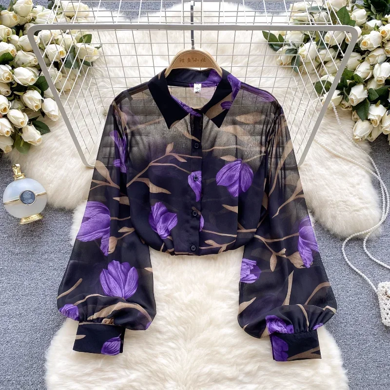 Kimotimo French Retro Floral Mesh Shirt Women Summer Lapel Lantern Sleeve Loose Tops New Fashion Holiday Style Print Blouse