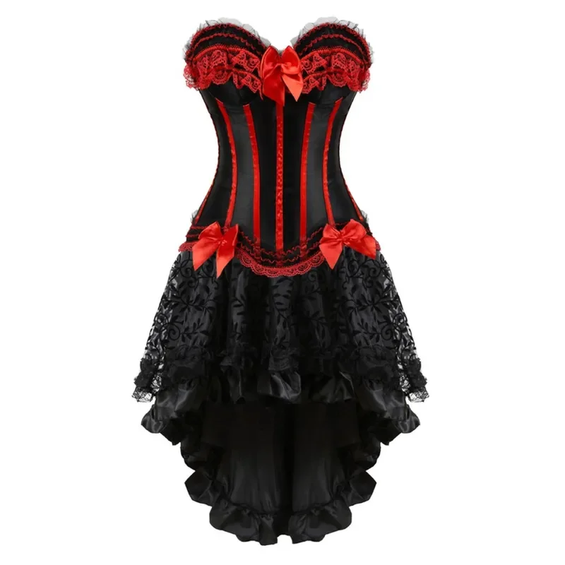 Vintage corset and skirt set sexy satin lace corset irregular floral skirt women Victorian bustier corset top plus size costumes