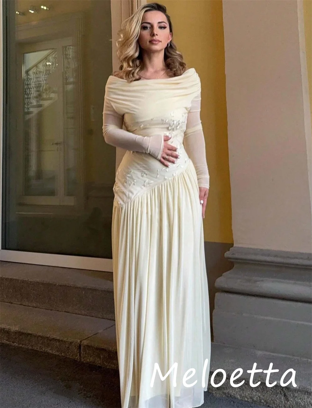 Customized Classic Exquisite Chiffon Sequined Pleat A-lineOff-the-shoulder Long Dresses Bespoke Occasion Retro