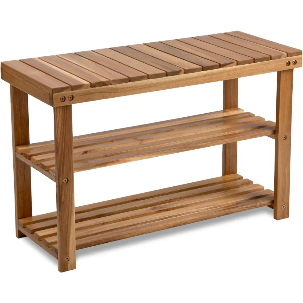 Wooden Shoe Rack Bench, 3-Tier Sturdy Shoe Organizer, Acacia Wood Shoe Shelf, 300 LBS Load Capacity, Perfect for Entryway