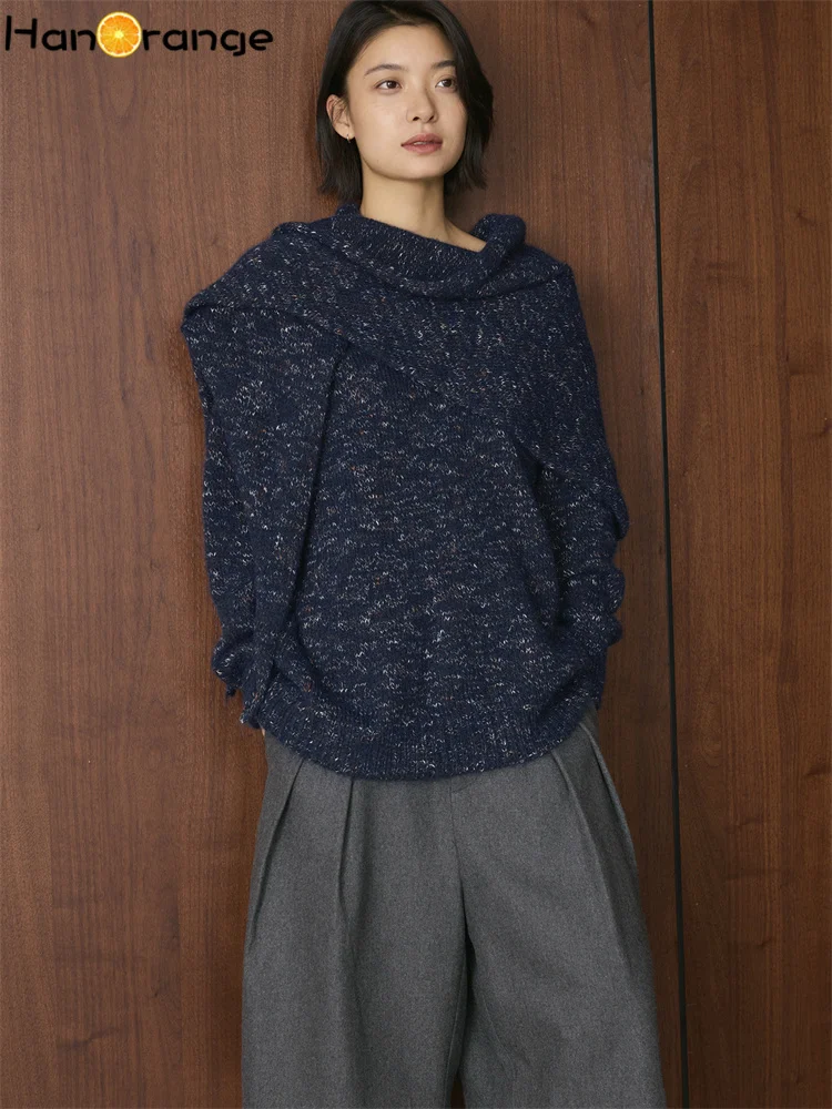 

HanOrange 2025 Winter Fashion Mixed Color Plush Knitted Shawl Style Wool Sweater Women Loose Warm Top Navy Blue/Coffee