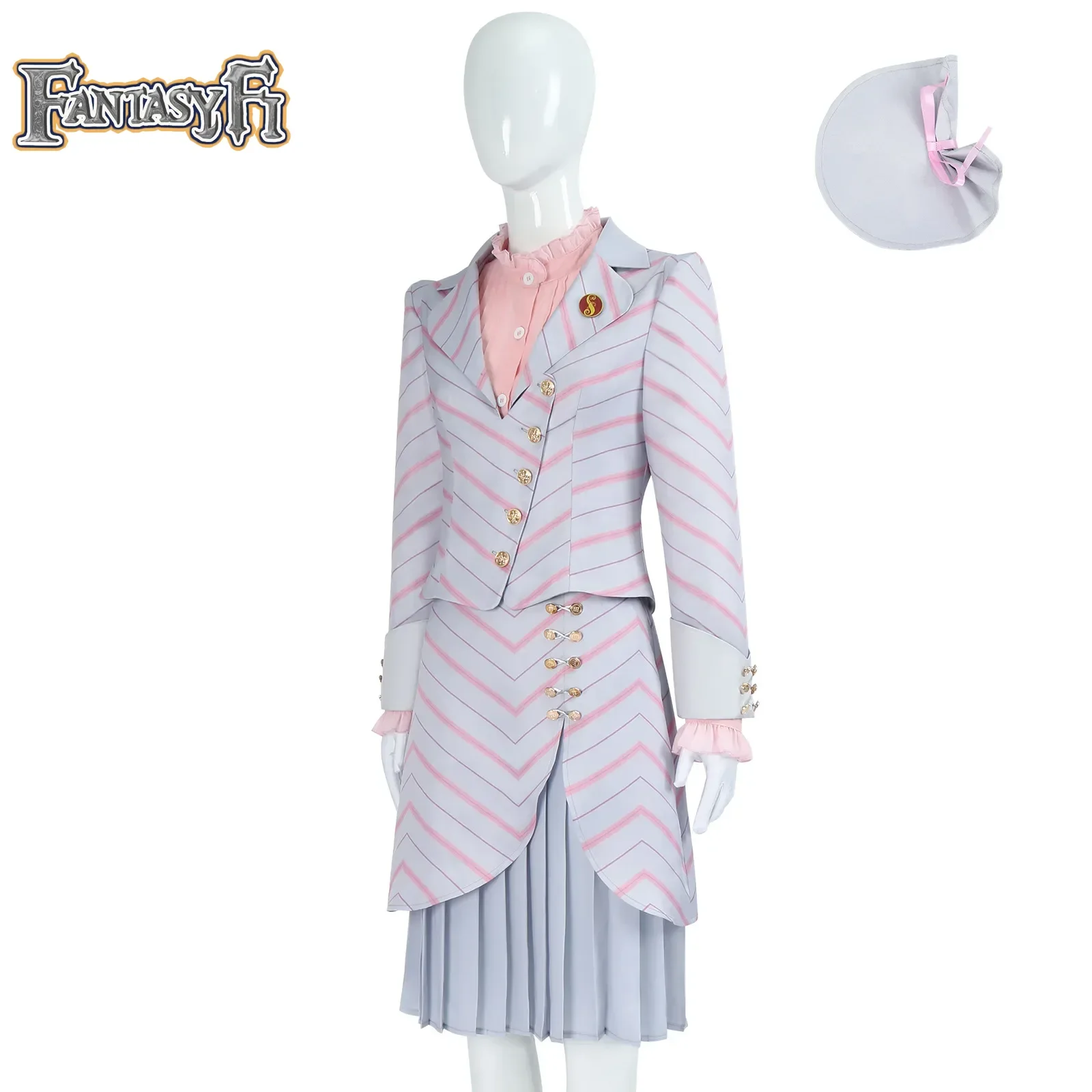 女性のハロウィーンパーティーのコスプレ衣装,赤い縞模様のコート,スカート,ピンクのシャツ,ロールプレイングスーツ