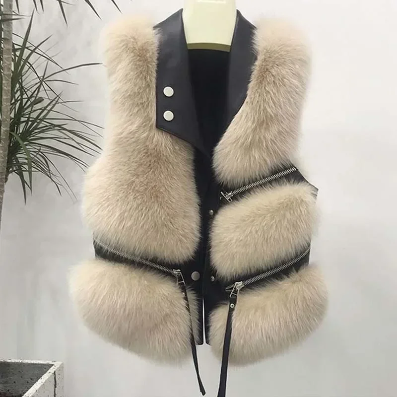 Gilet di pelliccia cappotto da donna autunno e inverno giacca corta nuovo gilet Patchwork 2024 sottile e alla moda