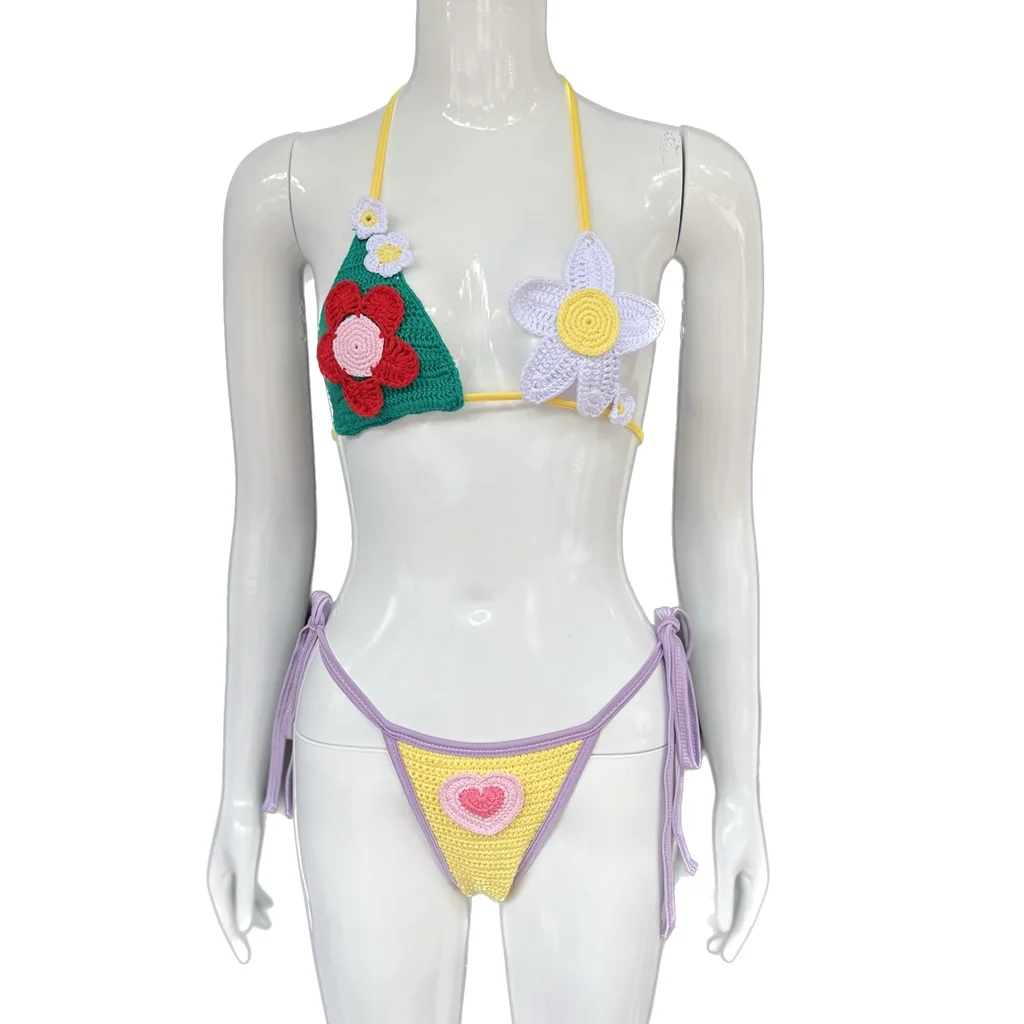 Conjunto de Bikini Micro de ganchillo con margaritas, traje de baño de Palma a la moda, regalos de corazón de amor rosa, traje de baño de diseñador, ropa de playa 2024