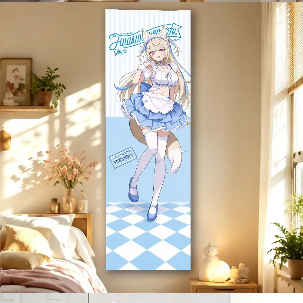 Long Blonde Fox Kemonomimi Girl Blue Frilly Maid Dress Blue White Checkerboard Floor Vertical Tall Anime Tapestry Pastel Girls