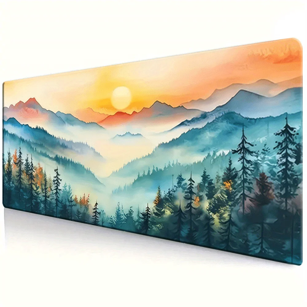 Extra-large Mouse Pad, Landscape with Mountains, Pine Trees and Sunlight, Suitable for Computer and Laptop Gamers