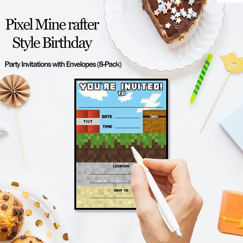 Pixel Theme Cartoon Birthday Mine Crafter Greeting Card Single-Page Invitation Card for Kid Game Supply 8pcs Party Supplies