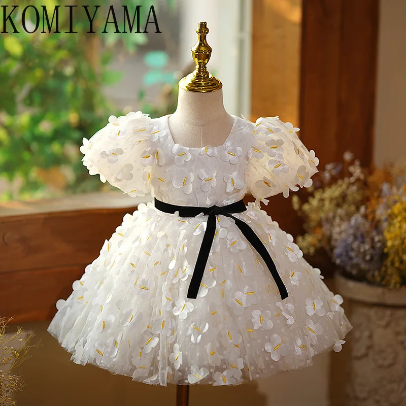 Customized Appliques Fairy Robe Sweet Girl Dress Square Collar Belt Waist Puff Sleeve Flower Girls Gowns Kids Ball Gown Peincess