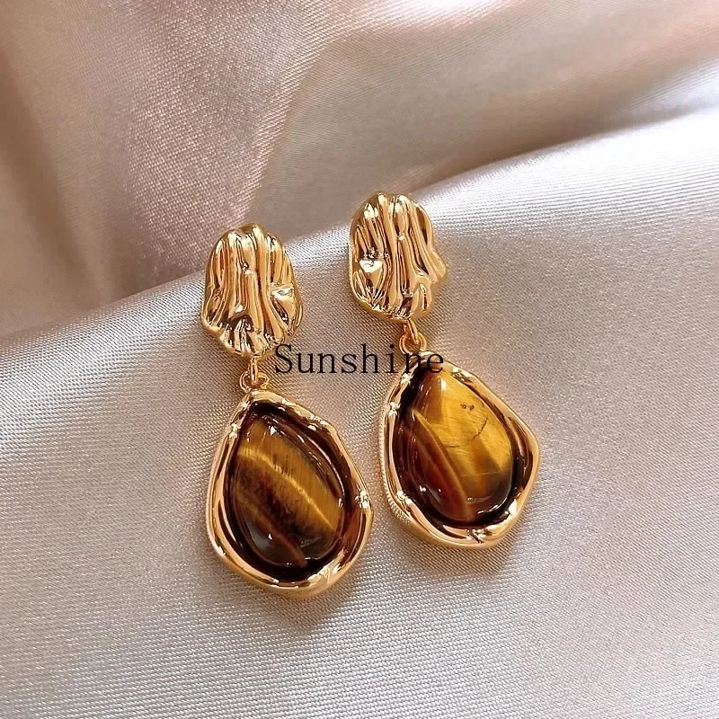 Maillard tiger's eye stone retro stud earrings, unique temperament earrings for women