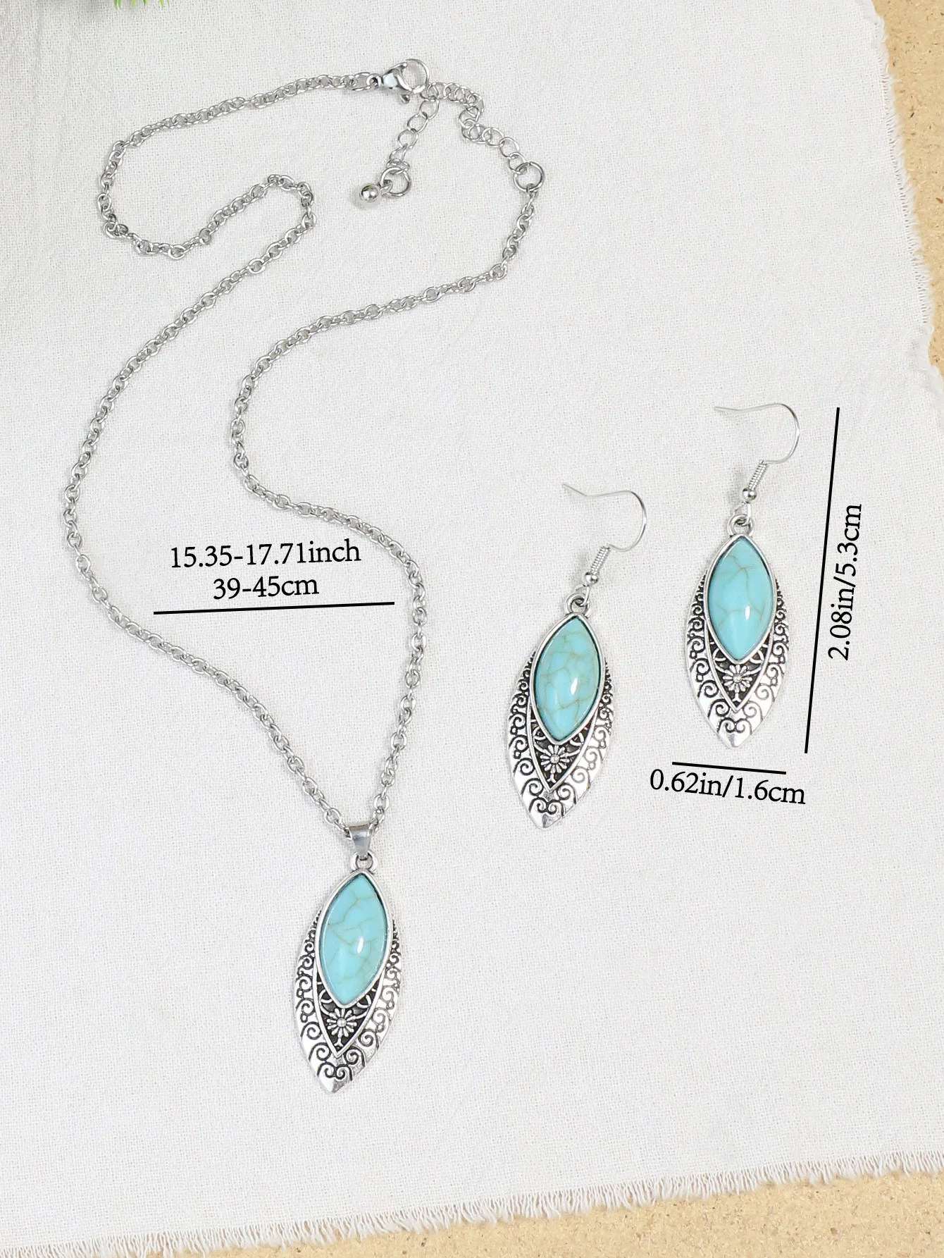 Ethnic Boho Turquoises Necklace Earring for Women Vintage Silver Plated Carved Flower Dangle Earrings Indian Jewelry Gift